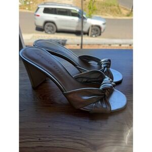 Veronica Beard Silver Metallic Leather Knot Block Heel Mule Sandals Womens 8.5M